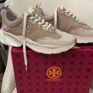 Tory Burch Taupe and Cream Sneakers